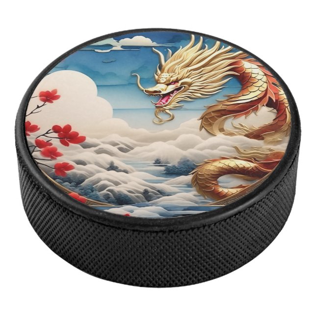 Fire breathing dragon red blue and gold scales hockey puck (3/4)