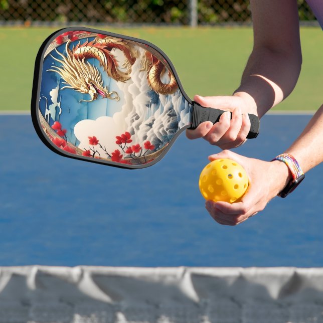 Fire breathing dragon red blue and gold scales pickleball paddle (Insitu)