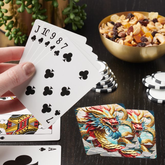 Fire breathing dragon red blue and gold scales playing cards (In Situ)