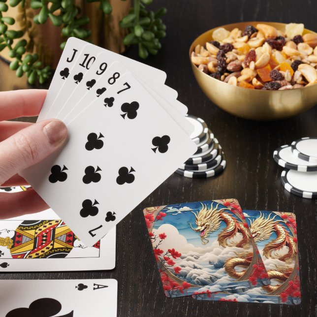 Fire breathing dragon red blue and gold scales playing cards (In Situ)