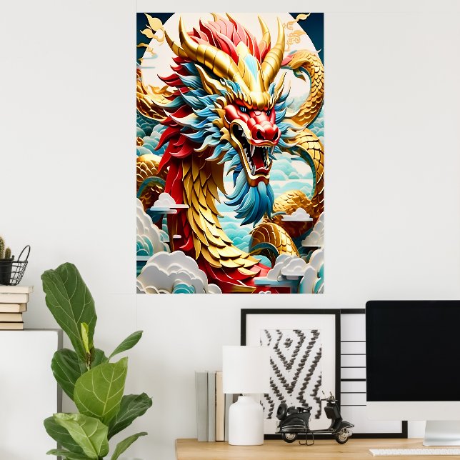 Fire breathing dragon red blue and gold scales poster (Home Office)