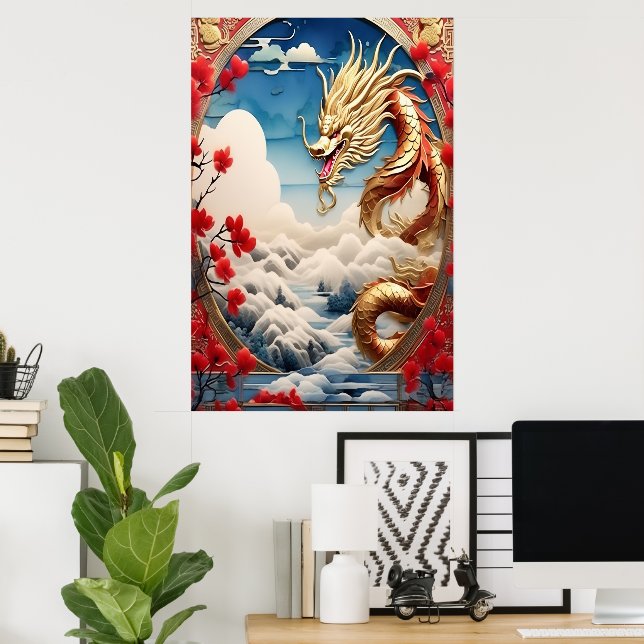 Fire breathing dragon red blue and gold scales poster (Home Office)