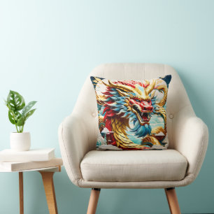 Fire breathing dragon red blue and gold scales throw pillow