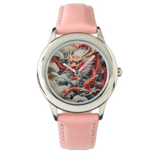 Fire breathing dragon red blue and gold scales watch