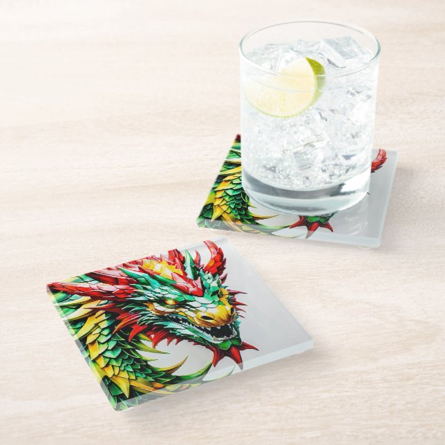 Fire breathing dragon red, green, and yellow scale glass coaster (Angled)