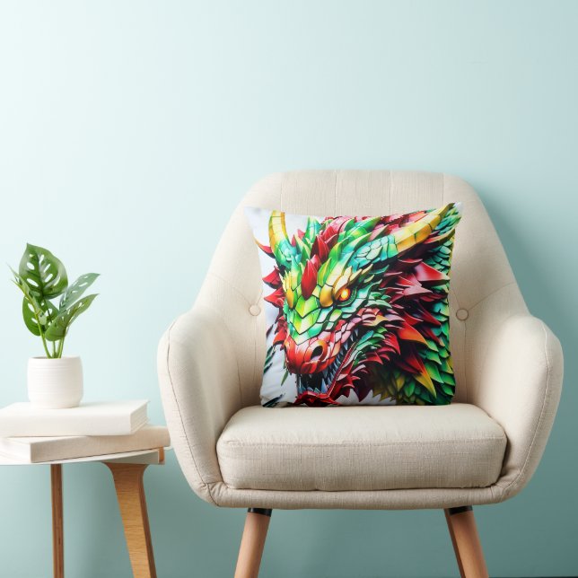 Fire breathing dragon red, green, and yellow scale throw pillow (Chair)