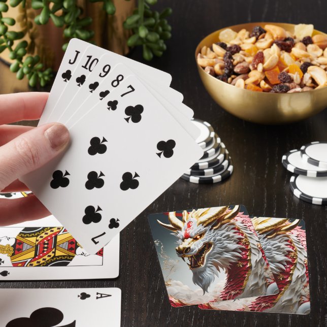 Fire breathing dragon red white and gold scales playing cards (In Situ)