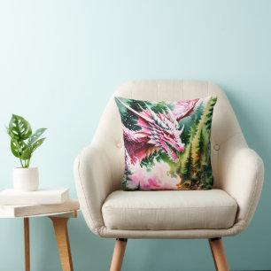 Fire breathing dragon vibrant pink scales throw pillow