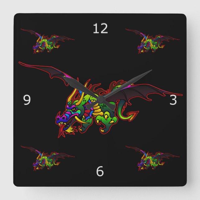 Fire Breathing Flying Dragons Square Wall Clock (Front)