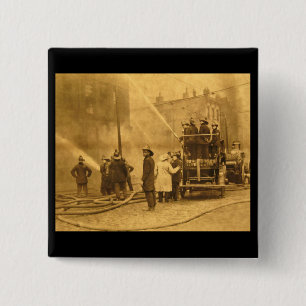 Fire Crew in Action - Vintage 2 Inch Square Button