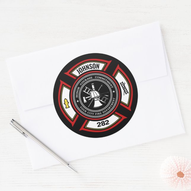 Fire Department ADD NAME Firefighter Badge Rescue Classic Round Sticker (Envelope)