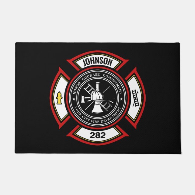 Fire Department ADD NAME Firefighter Badge Rescue Doormat (Front)