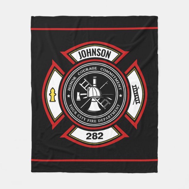 Fire Department ADD NAME Firefighter Badge Rescue Fleece Blanket (Front)
