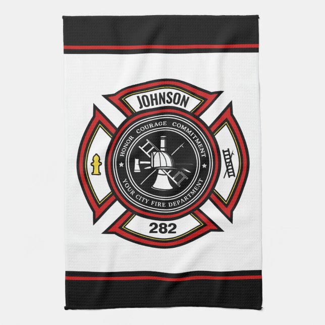 Fire Department ADD NAME Firefighter Badge Rescue Kitchen Towel (Vertical)