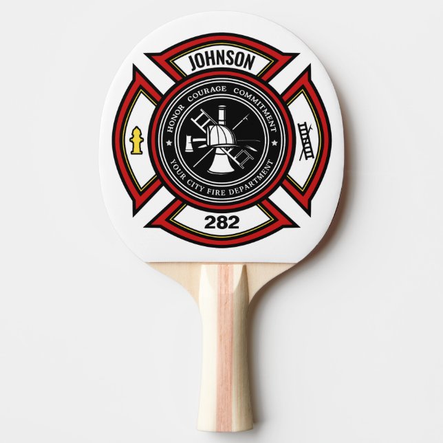 Fire Department ADD NAME Firefighter Badge Rescue Ping Pong Paddle (Front)