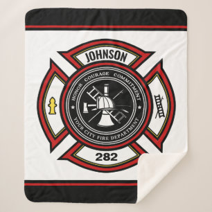 Fire Department ADD NAME Firefighter Badge Rescue Sherpa Blanket
