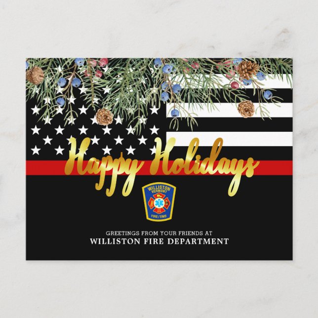 Fire Department Christmas Custom Thin Red Line Holiday Postcard (Front)