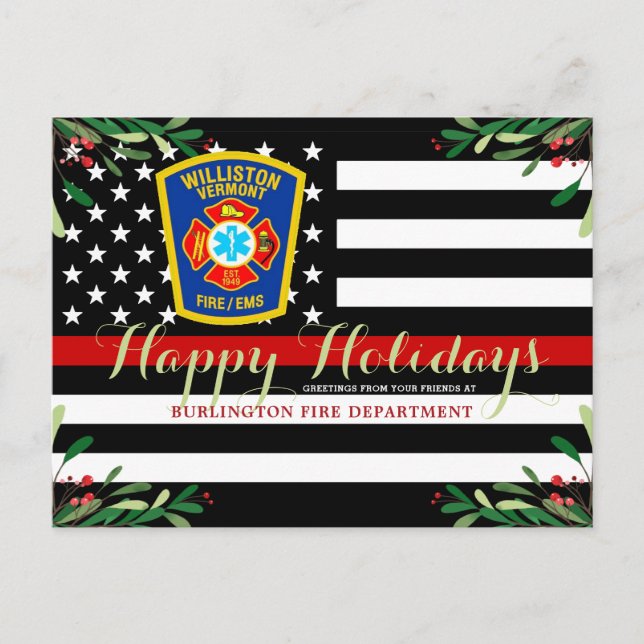 Fire Department Christmas Thin Red Line Holiday Postcard (Front)