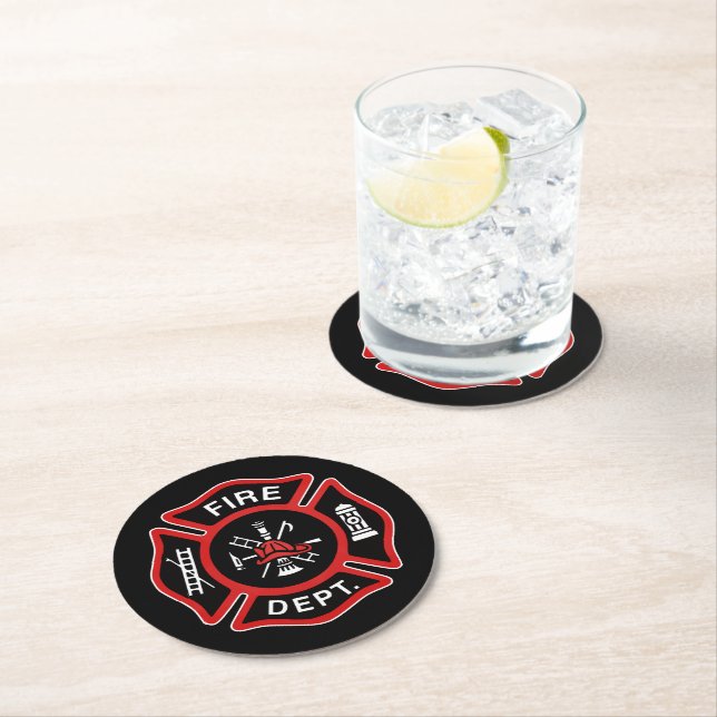 Fire Department Firefighter Badge Red Round Paper Coaster (Insitu)