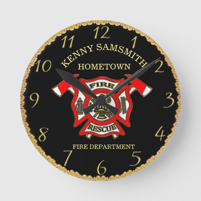 Fire Department Gold And Red Badge With Axes 4 Round Clock (Front)