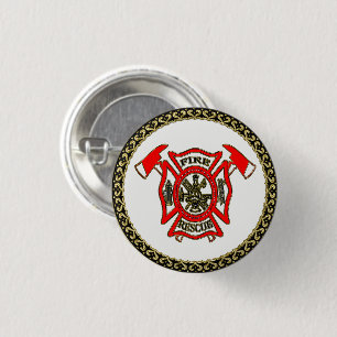 Fire Department Gold And Red Badge With Fire Axes 1 Inch Round Button