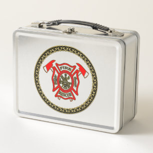 Fire Department Gold And Red Badge With Fire Axes Metal Lunch Box