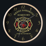 Fire Department logo Black And Gold Badge Clock<br><div class="desc">Fire Department logo Black And Gold Badge With Fire Axes and ladder.
Great for firemen and first respondents. Personalize with your name and department home town and more.monogram</div>
