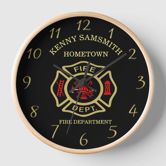 Fire Department logo Black And Gold Badge Clock (Front)