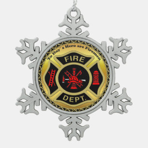 Fire Department logo Black And Gold Badge Snowflake Pewter Christmas Ornament