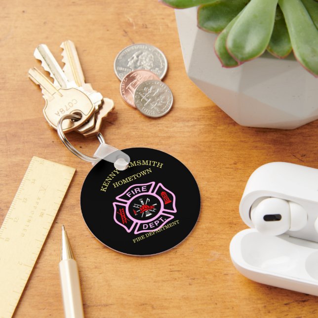 Fire Department logo Black And Pink Badge Keychain (Desk)