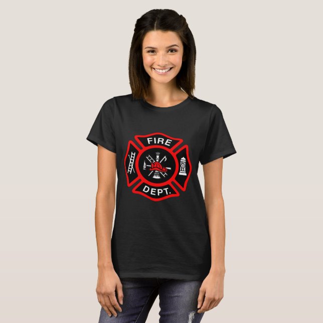 Fire Department logo Black And Red Badge T-Shirt (Front Full)