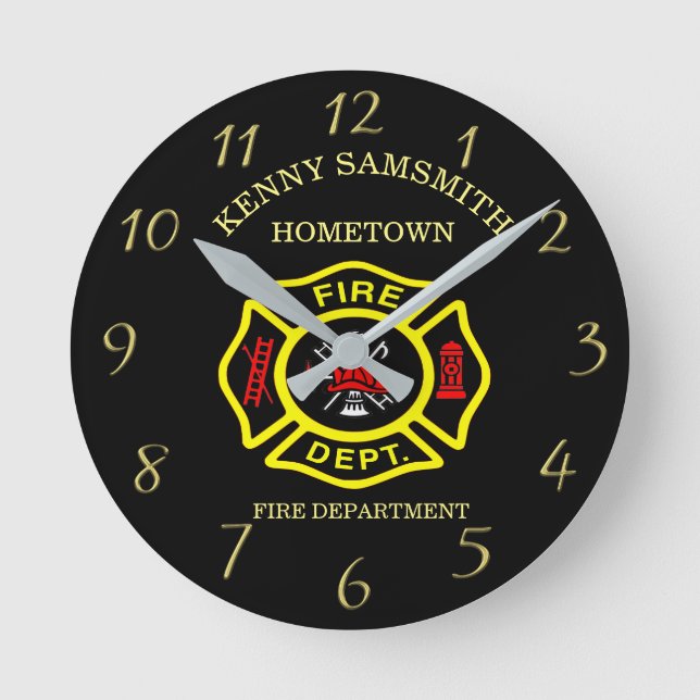Fire Department logo Black And Yellow Badge Round Clock (Front)