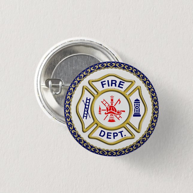 Fire Department logo Blue And White Badge 1 Inch Round Button (Front & Back)