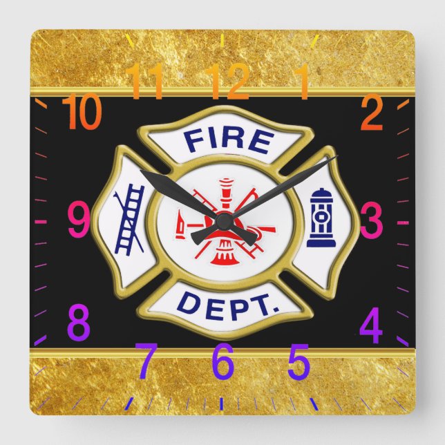Fire Department logo Blue And White Badge gold Square Wall Clock (Front)