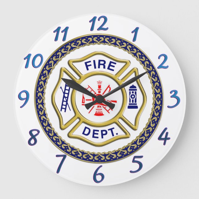 Fire Department logo Blue And White Badge Large Clock (Front)