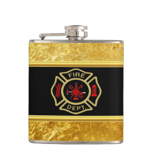 Fire Department logo Gold And Back Badge gold Hip Flask
