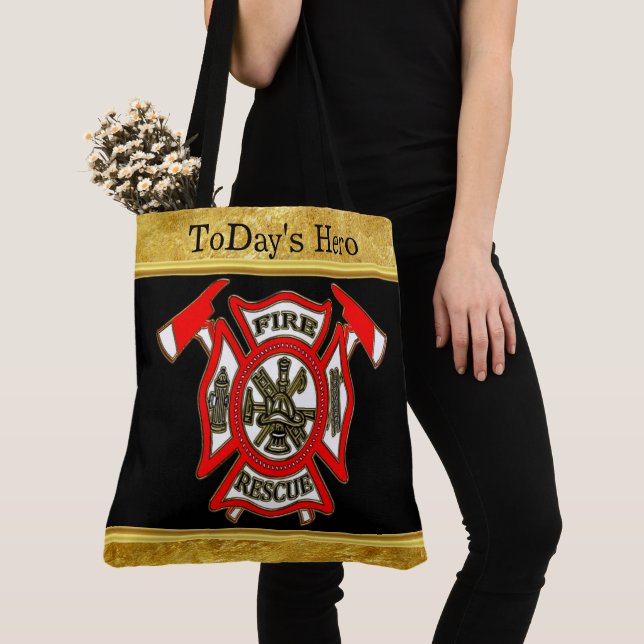 Fire Department logo Gold And Red Badge gold foil Tote Bag (Close Up)