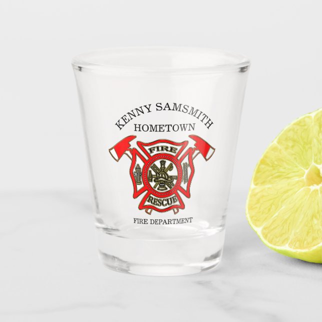 Fire Department logo Gold And Red Badge Shot Glass (Front)