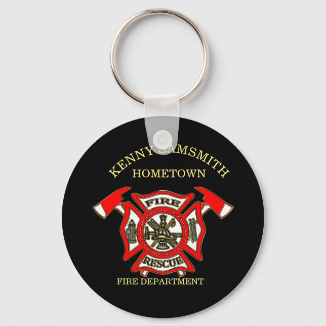 Fire Department logo Gold And Red Badge With Axes Keychain (Front)