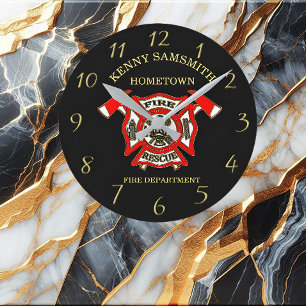 Fire Department logo Gold And Red Badge With Axes Round Clock