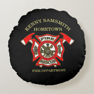 Fire Department logo Gold And Red Badge With Axes Round Pillow