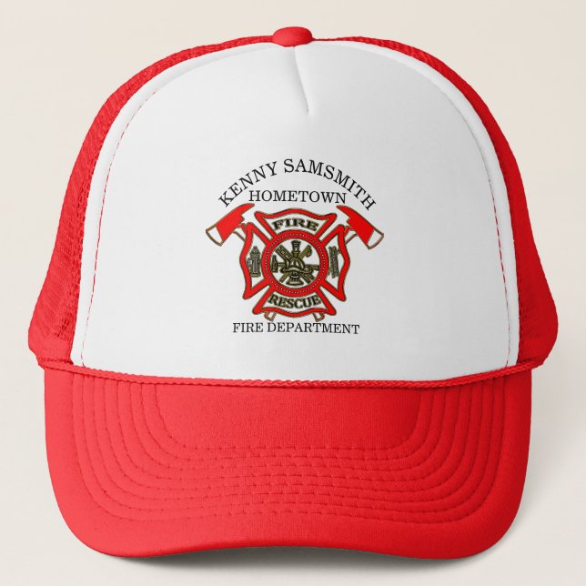 Fire Department logo Gold And Red Badge With Axes Trucker Hat (Front)