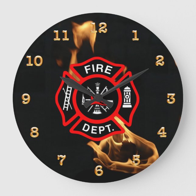 Fire Dept Flames Maltese Cross Firefighter Large Clock (Front)