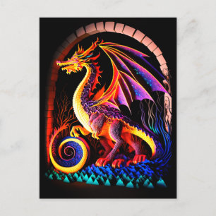 Fire Dragon Castle Fantasy Art Mythical Creatures Postcard