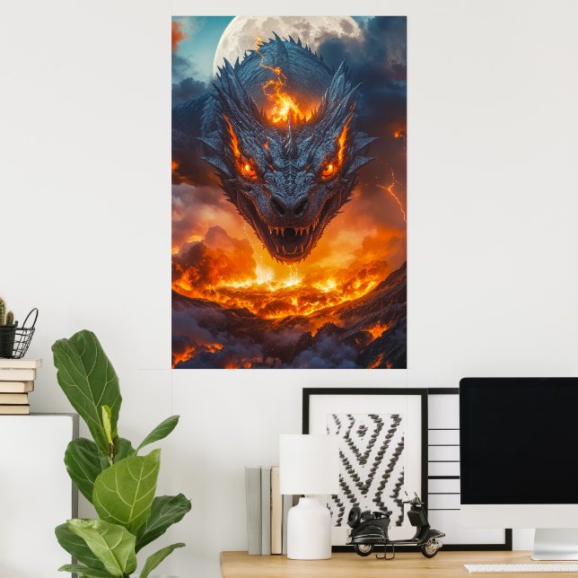 Fire Dragon Under Full Moon Fantasy Poster (Home Office)