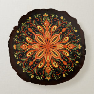 Fire Element Mandala - Kaleidoscopic Flame Creatur Round Pillow