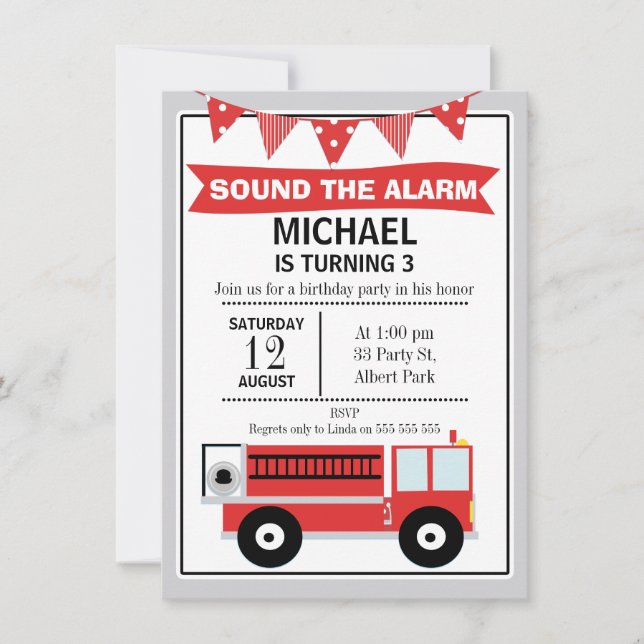 Fire Engine And Bunting Birthday Invitation (Front)