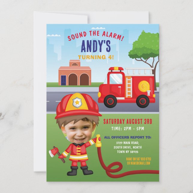Fire Engine Birthday Fireman Party Face Photo Invitation (Front)