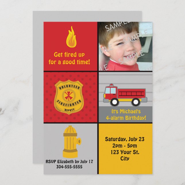 Fire Engine Birthday Party Invitation (Front/Back)