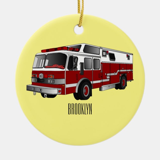 Fire engine cartoon illustration ceramic ornament (Front)